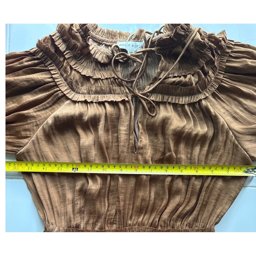 Moon River Copper Brown Crinkle Maxi Prairie Dress Ruffle Neck Smocked Cuff XS - Picture 11 of 12